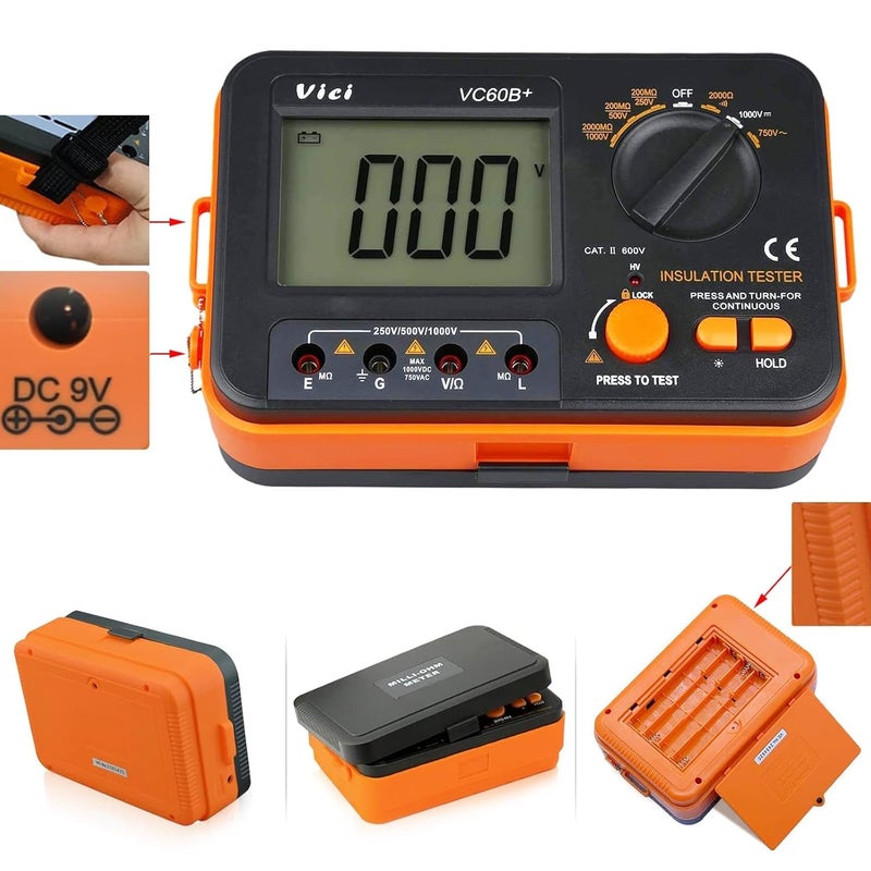 JUNLIXN VC60B+ Digital Insulation Resistance Tester, DC250/500/1000V AC750V Megohm Meter Double Alarm Backlight LCD Display & Data Hold OHM Meter DCV ACV Megohmmeter - Image 5